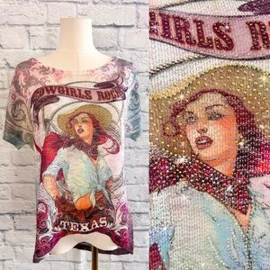 Sweet Giselle STUNNING Cowgirl Era Semi Sheer Top Sparkles Rhinestones Pink Blue